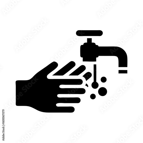 A black icon of a hand being washed under a running faucet with water droplets