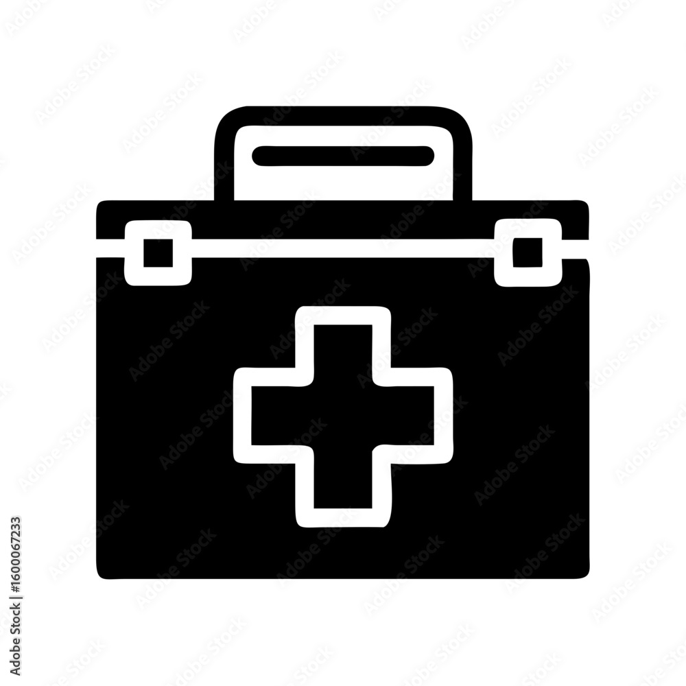 A black icon of a first aid kit with a white cross symbol A black icon of a first aid kit with a white cross symbol