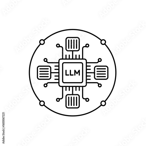 Abstract circular icon representing a central processor unit with llm label and connected nodes