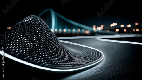 Wallpaper Mural Futuristic geometric mesh structure with illuminated lines and blurred city lights in background Torontodigital.ca