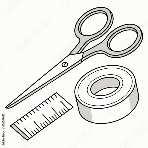 Scissors tape and ruler on white background stationery