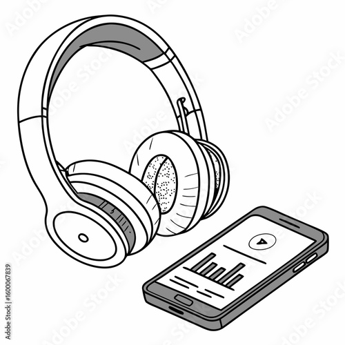 White headphones and smartphone with audio app listening