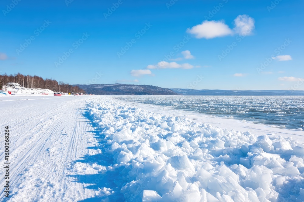 Obraz premium Frozen lake shore, winter sunshine