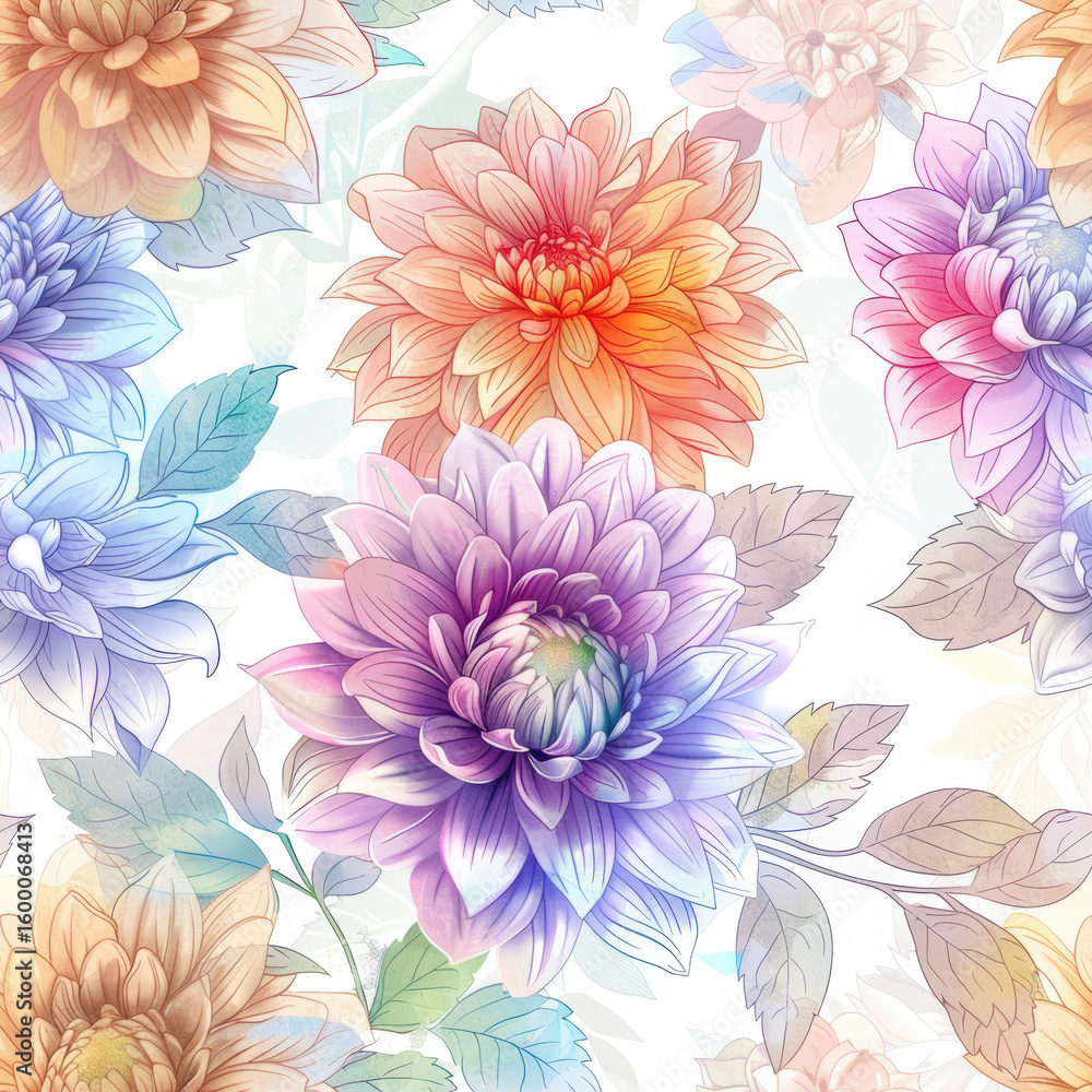 Fototapeta premium Delicate pastel watercolor floral pattern featuring seamless botanical dahlia blooms and leaves, ideal for textile design, digital backgrounds, and elegant creative projects.