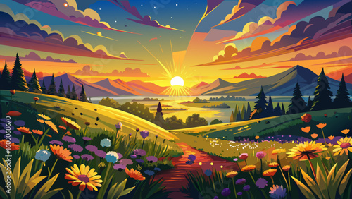Golden Sunset Over Field: A breathtaking panorama unfolds as the setting sun casts its golden glow over a vibrant field of wildflowers, creating a stunning landscape