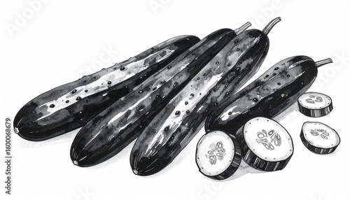 Wallpaper Mural 墨絵風のきゅうりと断面の和風イラスト Torontodigital.ca