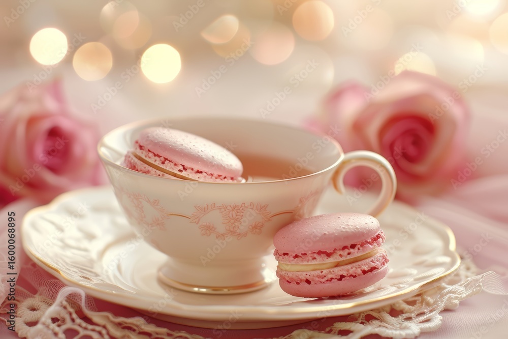 Fototapeta premium Charming pastel still life delicate teacup with macarons on lace, adorned with soft roses