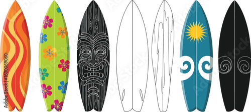 Colorful surfboard designs vector illustration for summer beach vacation and surfing adventure sport