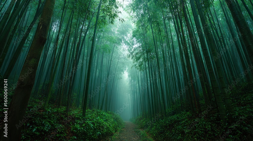 Obraz premium Misty bamboo forest path (1)
