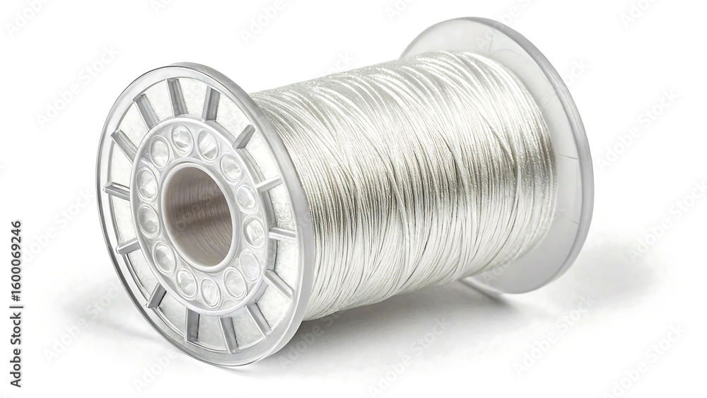Spool of silver thread or yarn on white background for sewing and craft projects Spool of silver thread or yarn on white background for sewing and craft projects