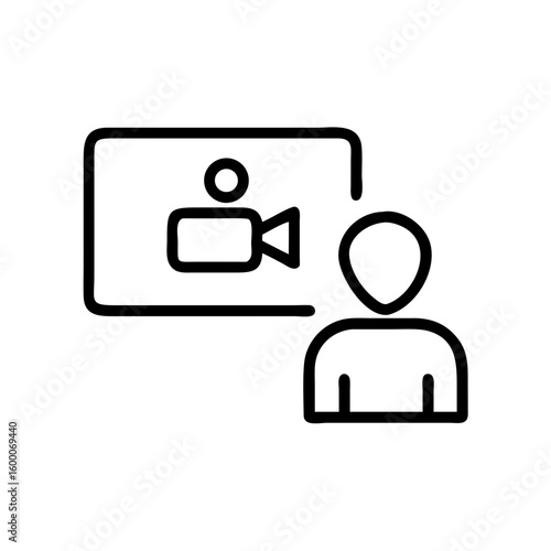 Video call icon depicting online communication on screen, camera focused on person. Video call icon evokes connection and real time interaction via digital medium.