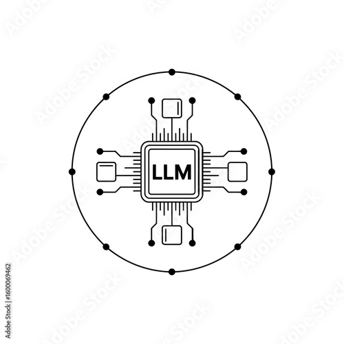 Abstract neural network chip with llm text in a circular diagram