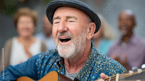 Elderly man singing joyful acoustic music wearing hat playing guitar with eyes closed while blurred people enjoy lively atmosphere together