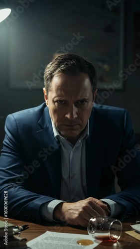A stressed and angry middle-aged Caucasian man in a suit sits at a desk in a dark office. He stares intensely, with a spilled drink on a legal document.