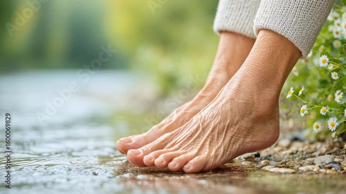Elderly bare feet touching calm river water near small white flowers and pebbles, peaceful nature scene evoking relaxation and tranquility outdoors