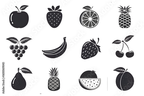 PNG collection of detailed silhouette illustrations of various fruits, like apple, grapes. orange strawberry, banana, water cherry, lemon, pear, pineapple ,pear isolated on a trapsparent background.  