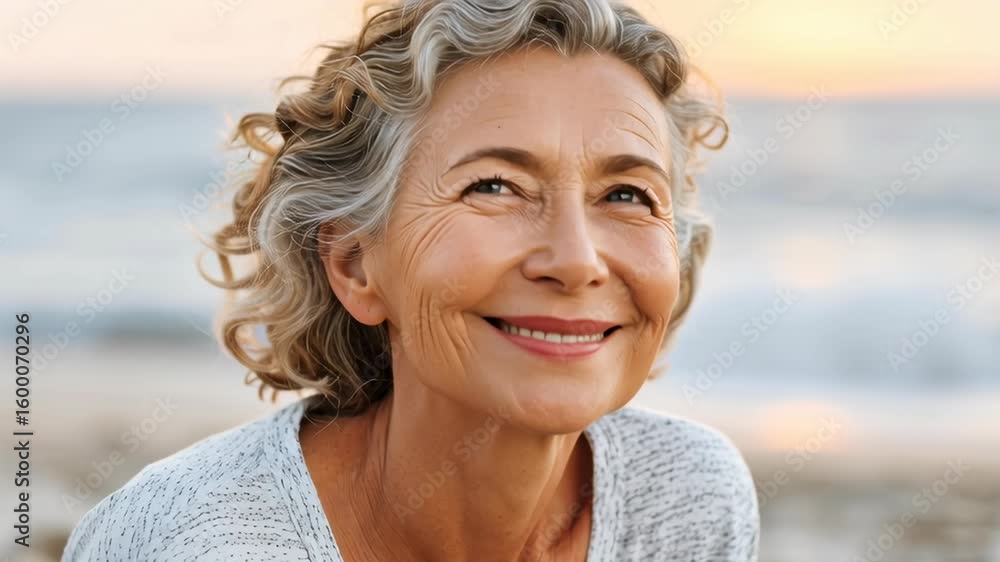 Happy senior woman enjoying peaceful sunset by the sea, wellness moment of a happy senior woman in nature, aging gracefully with confidence as a happy senior woman Happy senior woman enjoying peaceful sunset by the sea, wellness moment of a happy senior woman in nature, aging gracefully with confidence as a happy senior woman