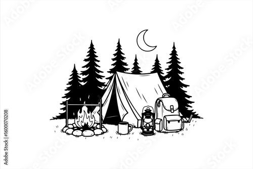Camping scene with a tent, campfire, trees, backpack, lantern, mug, and a crescent moon.