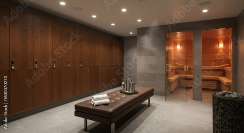 Luxurious wellness center interior featuring a clean locker room and a hot, steamy Finnish sauna for ultimate relaxation.