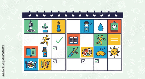 Healthy lifestyle calendar with icons representing wellness, exercise, and good habits