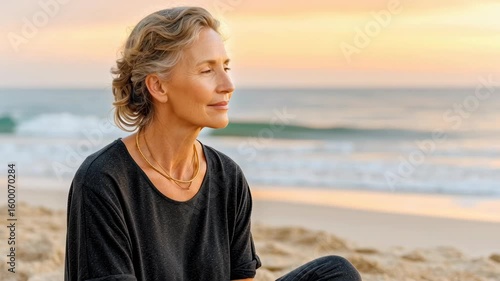 Peaceful elderly woman meditating on sandy beach at sunset with calm ocean waves and serene moment of relaxation by sand