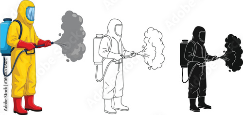 Hazmat suit worker spraying disinfectant vector illustration safety and health protection concept art