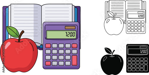 Back to school supplies calculator apple and book for education and learning math class study guide