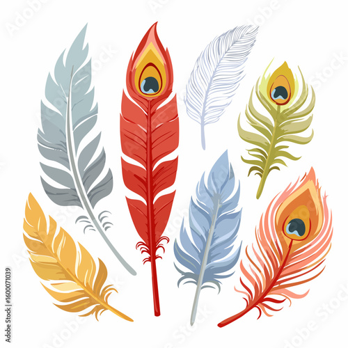 A beautiful collection of colorful and decorative bird feathers, including exotic peacock plumes. An elegant vector illustration set.