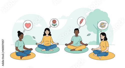 Diverse group meditating with thought bubbles representing inner peace and mindfulness