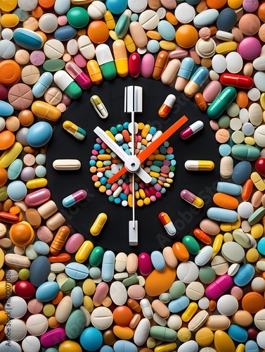 Medicine time concept clock made of pills and capsules pharmaceutical healthcare remedy
