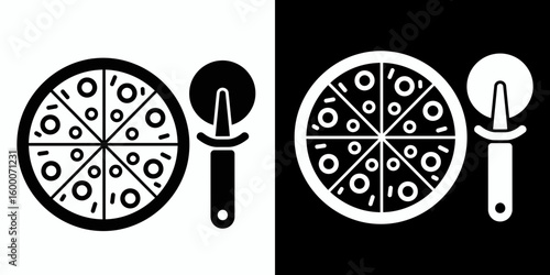 Minimalist icon of a sliced pizza pie and a cutter wheel