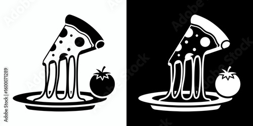 Monochrome vector icon of a cheesy pepperoni pizza slice with melting mozzarella on a plate next to a tomato.