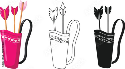 Cupid arrows vector illustration: valentine's day love quiver with arrows in pink, white and black