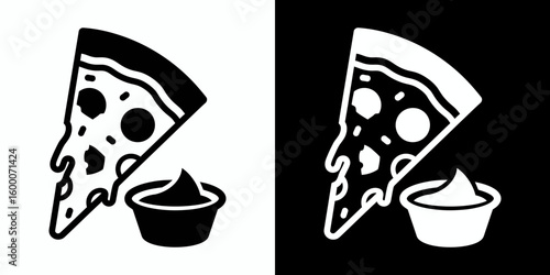 Minimalist glyph icon of a pepperoni pizza slice with a side of dipping sauce for takeout menus