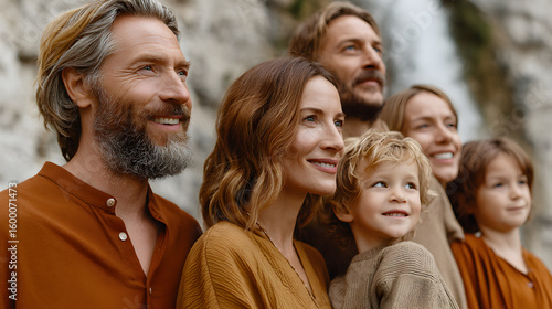 A group portrait of a family, looking out at something with hopeful expressions and joy