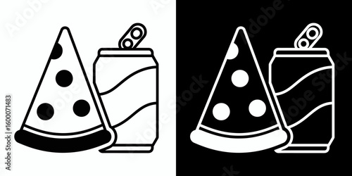 Pizza slice and soda can fast food meal combo icon.