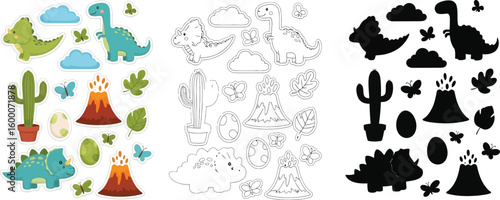 Dinosaur stickers vector set cute dinosaurs volcano cactus butterflies clouds egg for kids scrapbook design