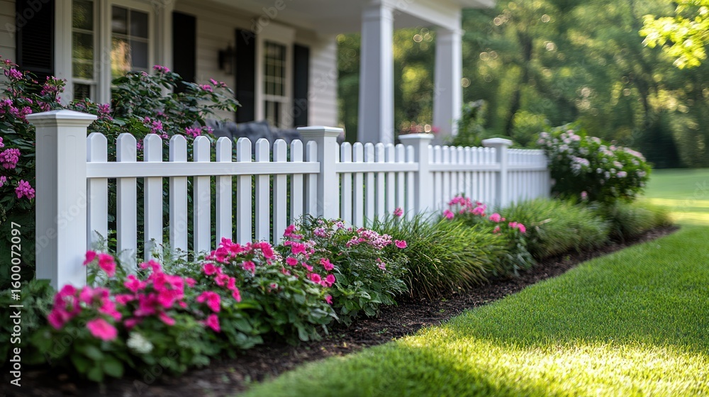 Fototapeta premium White picket fence bordering a landscaped yard with vibrant pink flowers