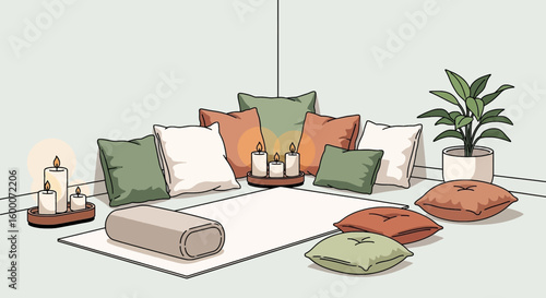 Cozy meditation space with candles, pillows, and a yoga mat for relaxation and wellness