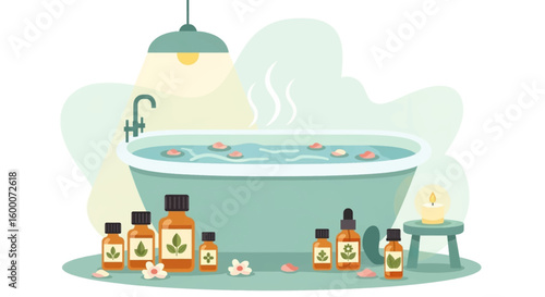 Relaxing spa scene with bathtub, essential oils, candles, and floral elements for wellness