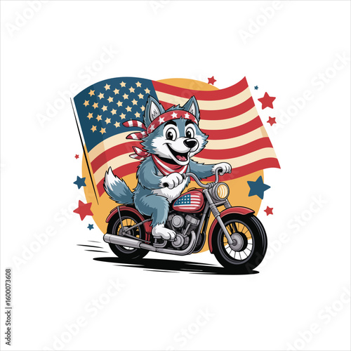 Cartoon wolf riding a motorcycle with American flag and stars animal bike