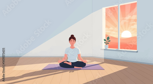 Woman meditating in lotus position with window sunrise scene