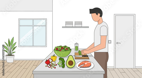 Person preparing healthy meal with fresh ingredients in modern kitchen setting