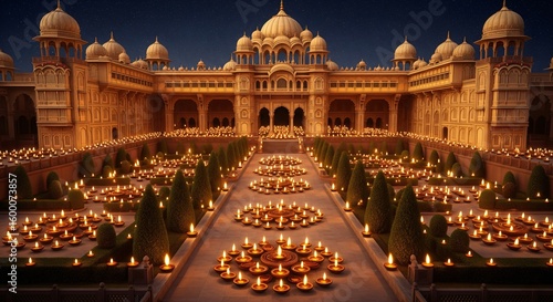 Grand indian palace illuminated by thousands of diyas under a starry night sky