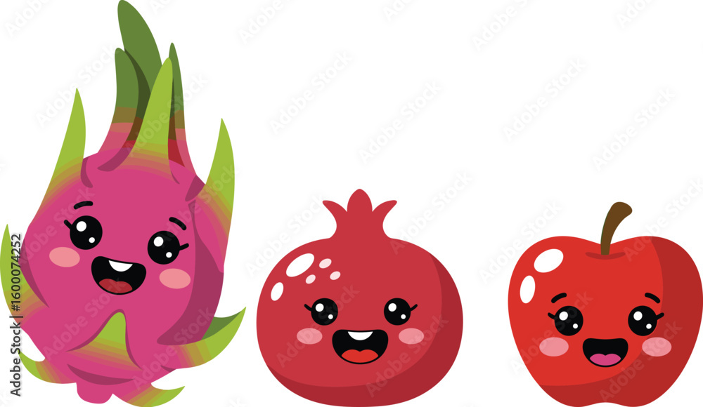 Fototapeta premium Cartoon fruit characters, dragon fruit, apple, pomegranate, smiling faces, cute style, healthy food concept, colorful design, cheerful illustration, isolated white