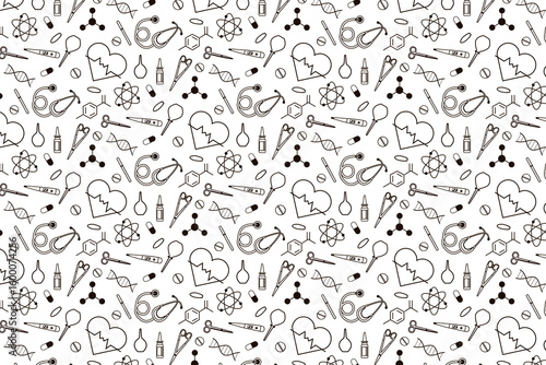 Medical science vector illustration featuring a seamless pattern with DNA, stethoscope, test tubes, and more. Ideal for healthcare and research-themed designs, this black and white motif adds a scient
