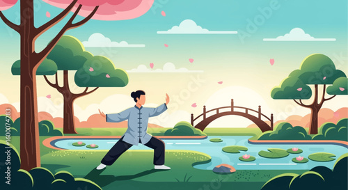 Person practicing Tai Chi in a serene garden near a bridge over water