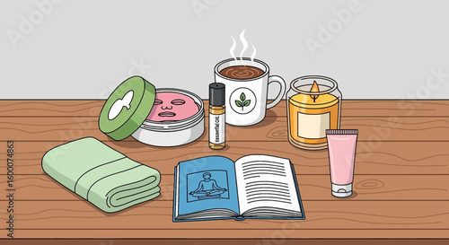 Self-care routine with essential oil, candle, face mask, and book on a wooden desk