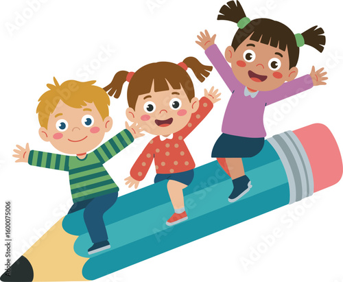 Children flying on giant pencil, cartoon illustration, creative learning, happy faces, colorful classroom scene, back to school concept, imagination, fun