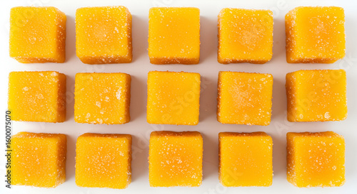 Frozen mango cubes arranged in cube grid, frosty textures, white background